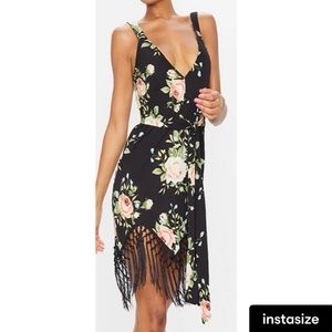 “ PRETTY LITTLE THINGS” Black and Floral Tassel Hem Midi Dress. SIZE:S COLOR:BLK
